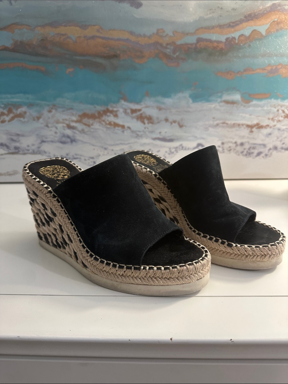 Vince Camuto Brissia Black Suede Espadrille Wedge Slide